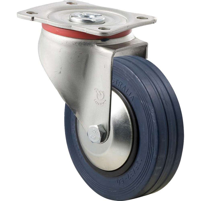 Fallshaw J-Castor 125 x 32mm Blue Rubber Roller Bearing Swivel 180kg