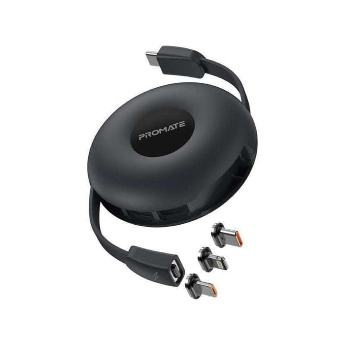 Promate 3-in-1 Auto-Recoil USB-C Cable Magnetic USB-C Lightning Black