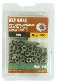 Accord Nuts Hex Galv M6 (100pk)