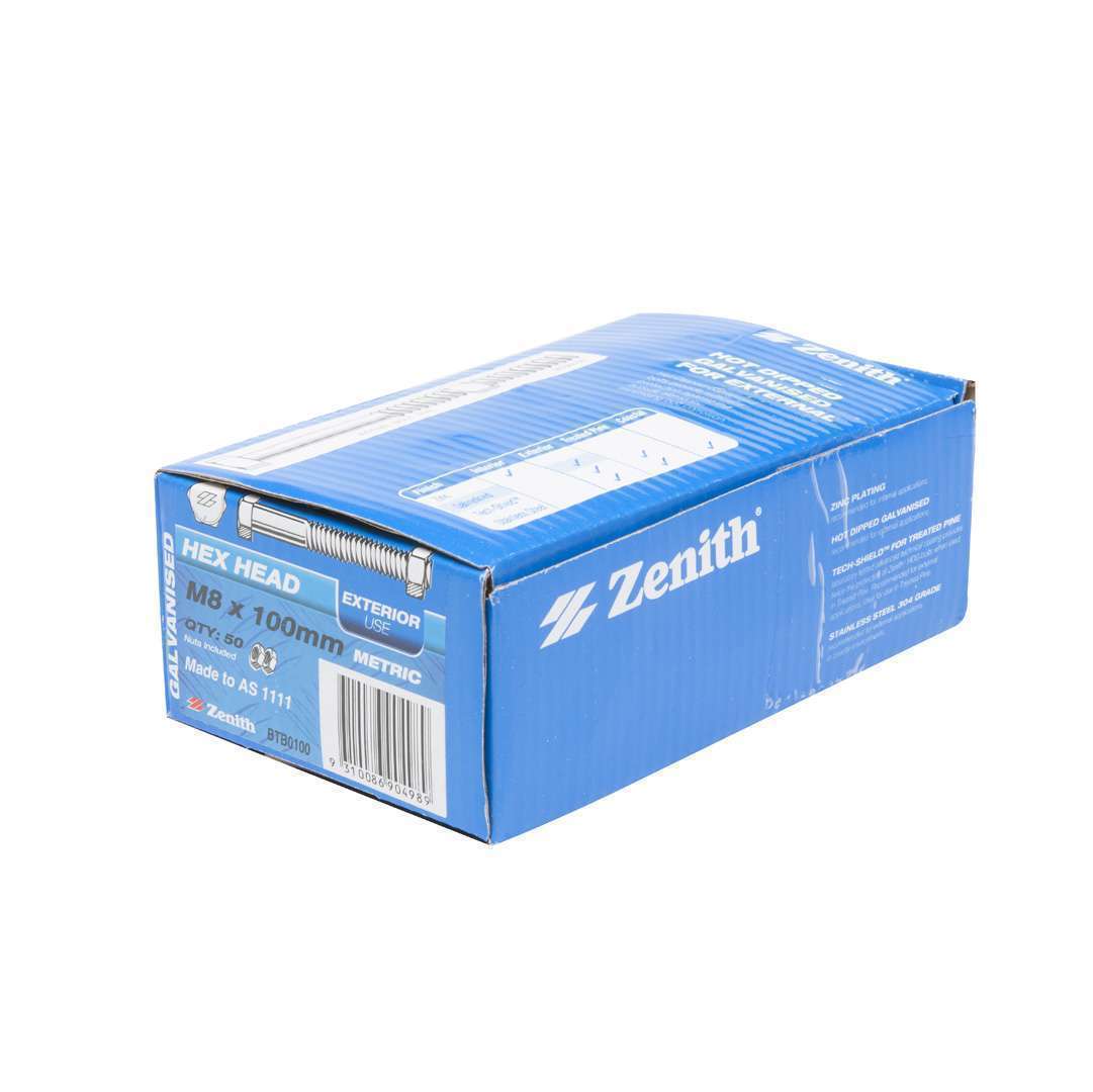 Bolt & Nut Galv Hex M8 x 100