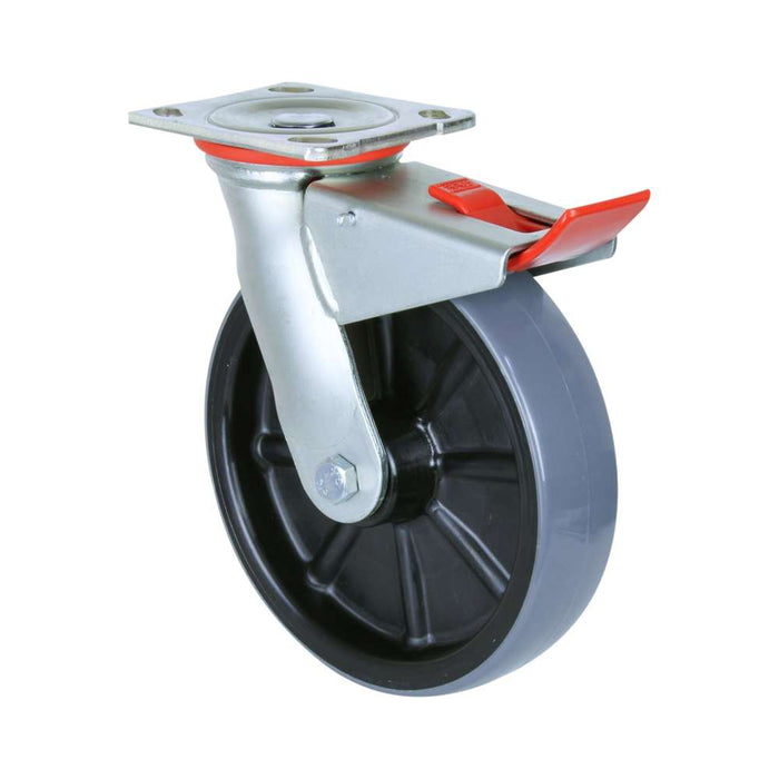 Fallshaw H-Castor 200 x 48mm PU on Nylon Roller Bearing Swivel Brake 500kg