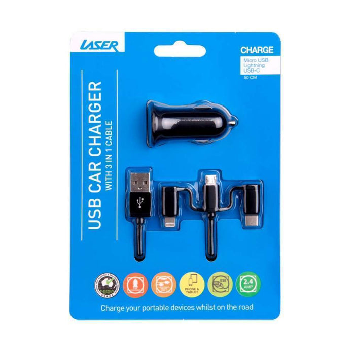 Laser 2.4A Car Charger, 3-in-1 Charging Cable, Black