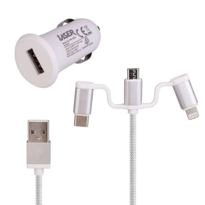 Laser 2.4A Car Charger 3-in-1 Charging Cable White