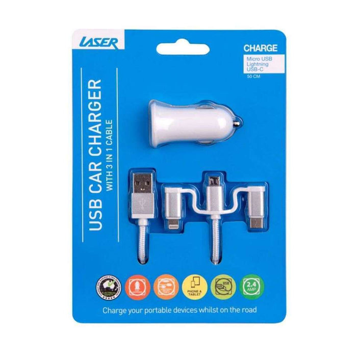 Laser 2.4A Car Charger 3-in-1 Charging Cable White