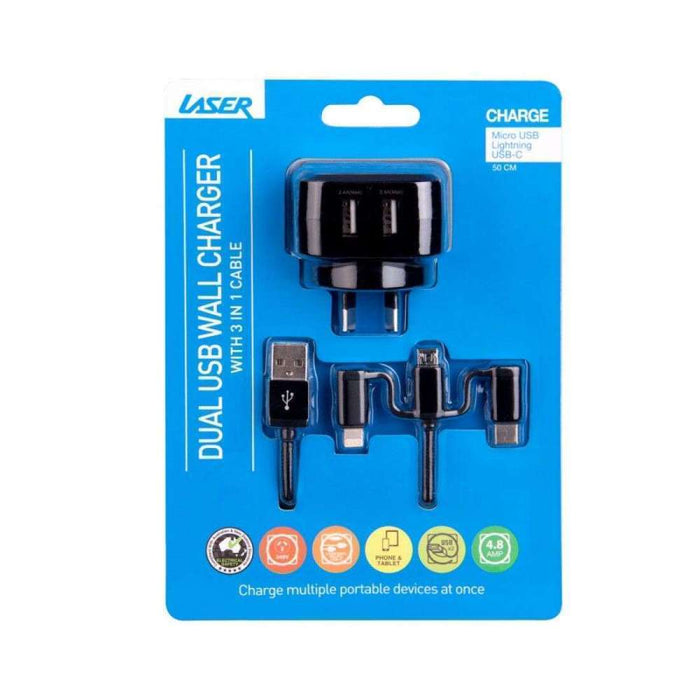 Laser Dual USB Ac Charger 3-in-1 Charging Cable Black