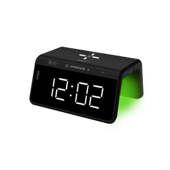 Promate LED Alarm Clock RGB Night light 10W Qi Charger USB Port Black