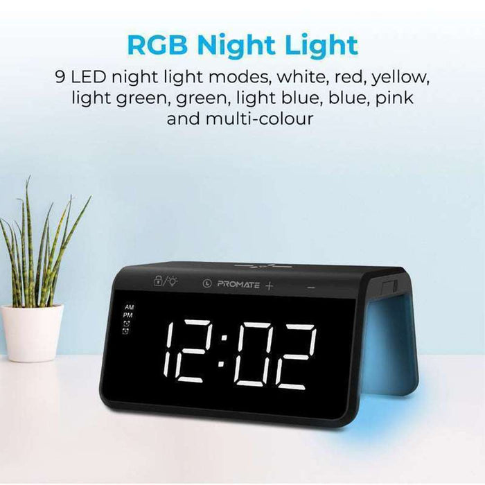 Promate LED Alarm Clock RGB Night light 10W Qi Charger USB Port Black
