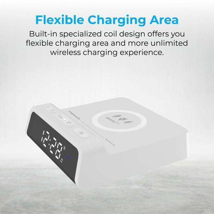 Promate Alarm Clock 15W Wireless Charger White