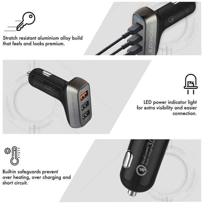 Promate 35W Car Charger Quick Charge 3.0 Port 2.4A Charging Port