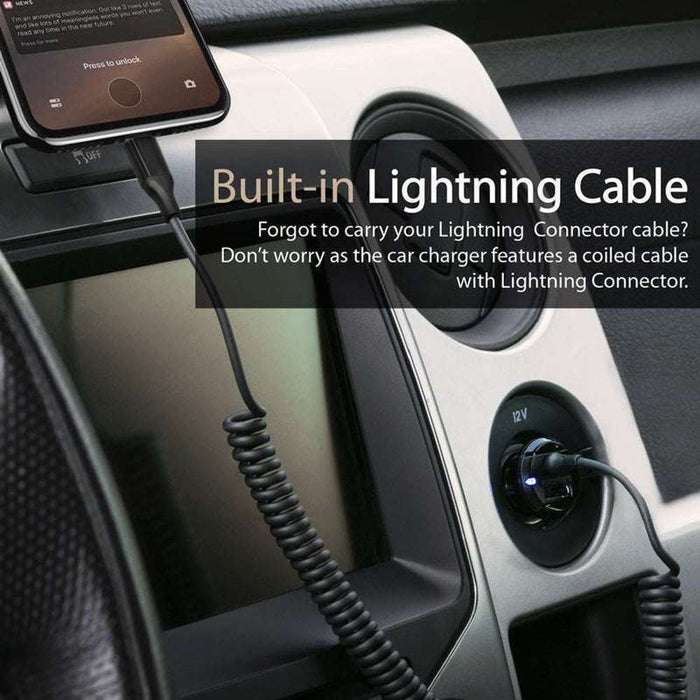 Promate 3.4A Fiber Design Car Charger Coiled Lightning Cable USB