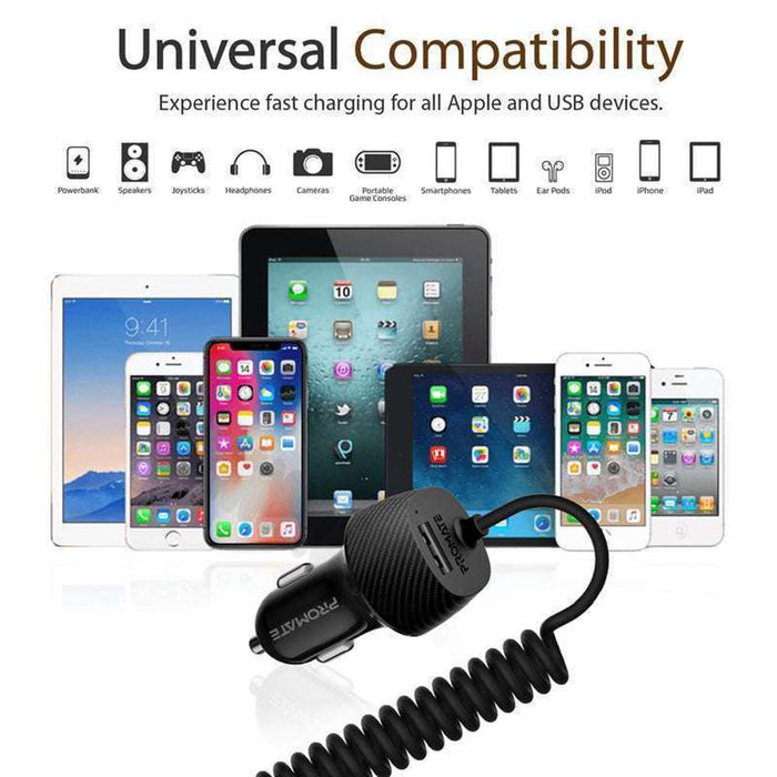 Promate 3.4A Fiber Design Car Charger Coiled Lightning Cable USB