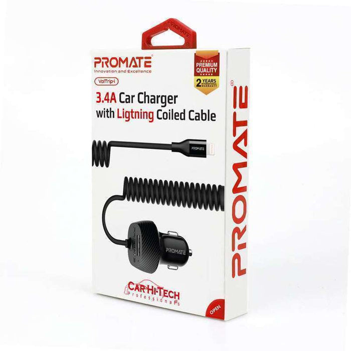 Promate 3.4A Fiber Design Car Charger Coiled Lightning Cable USB