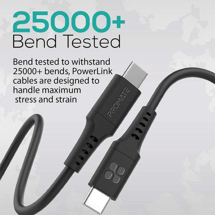Promate 60W USB-C to USB-C Flexible Charge Cable 2m Black
