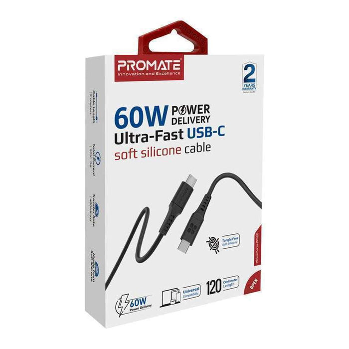 Promate 60W USB-C to USB-C Flexible Charge Cable 1.2m Black