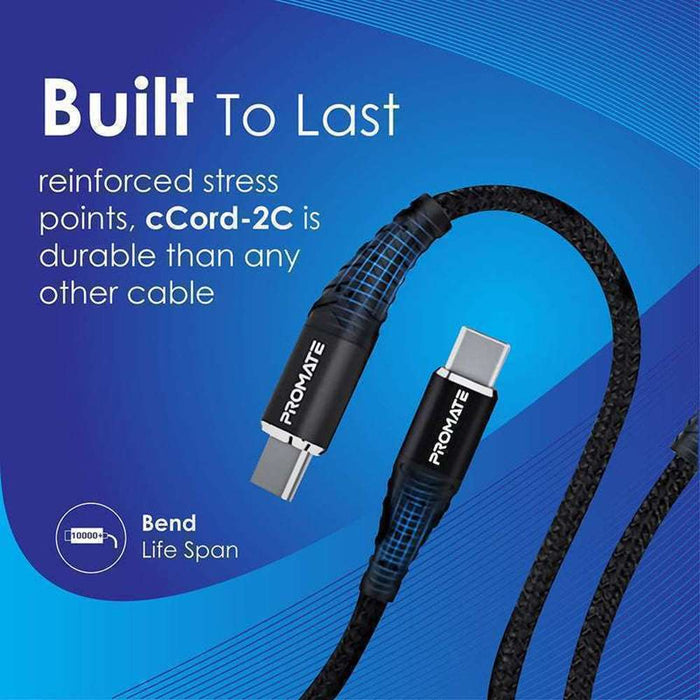 Promate USB-C to USB-C Fabric Braided Cable 1m Black