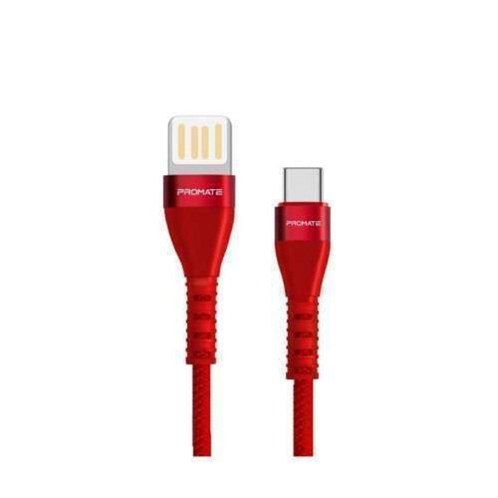 Promate 1.2m Braided USB-C Sync Charge Cable Fast Charging 2A Red