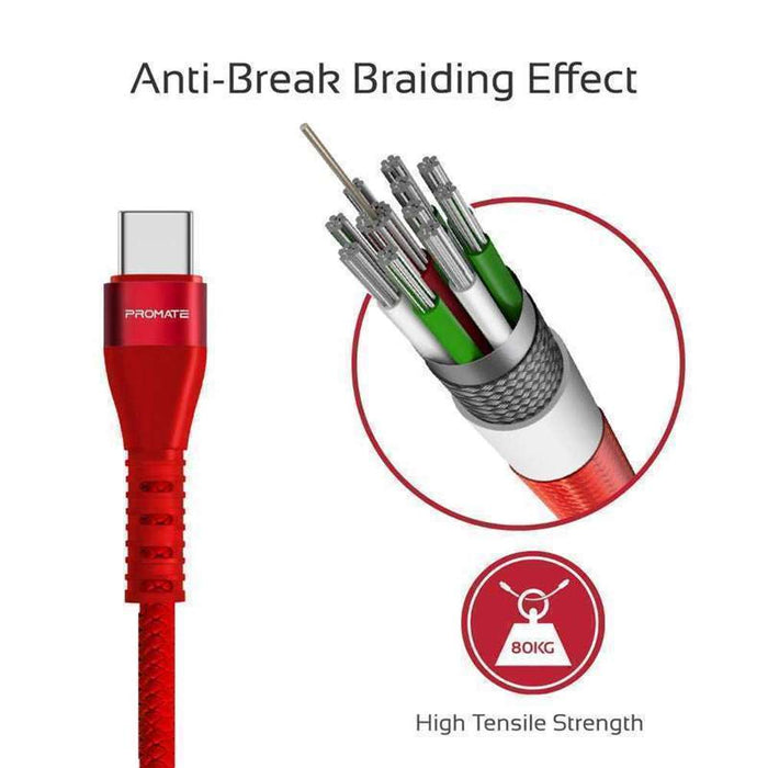 Promate 1.2m Braided USB-C Sync Charge Cable Fast Charging 2A Red