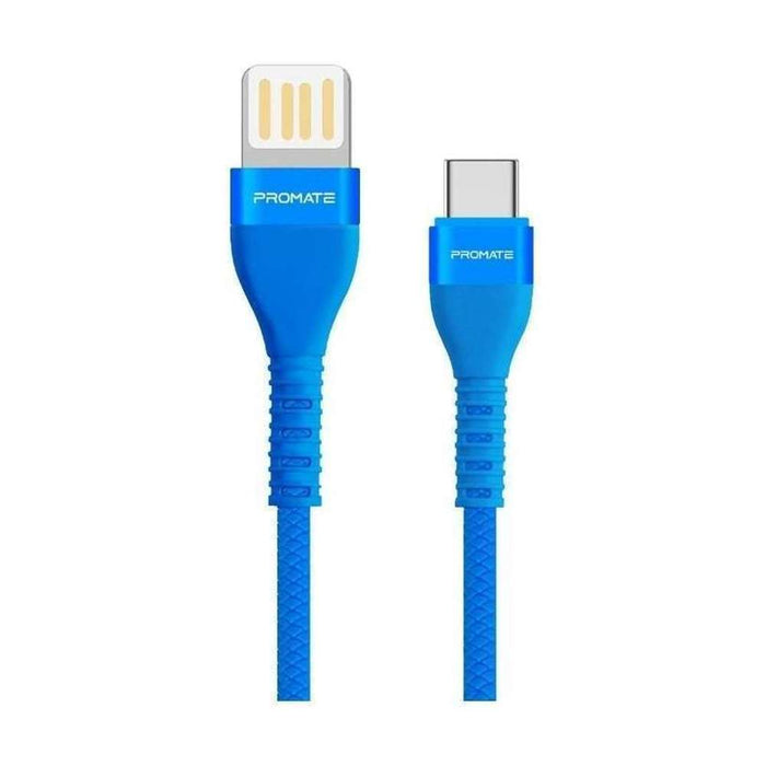 Promate 1.2m Braided USB-C Sync Charge Cable Fast Charging 2A Blue