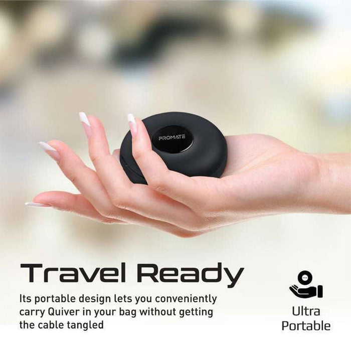 Promate 3-in-1 Auto-Recoil USB-C Cable Magnetic USB-C Lightning Black