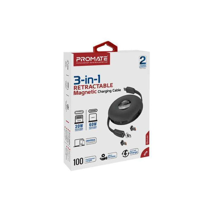 Promate 3-in-1 Auto-Recoil USB-C Cable Magnetic USB-C Lightning Black