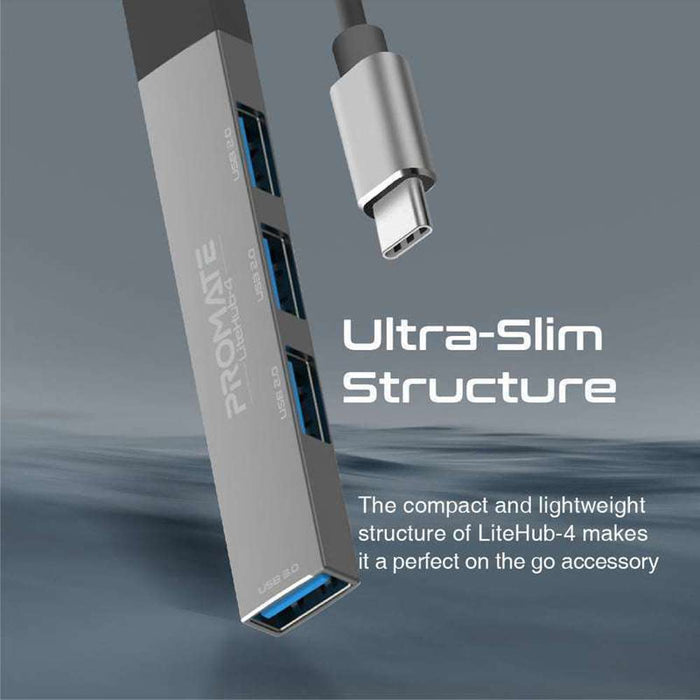 Promate USB-C Hub 4 USB Ports USB-C to USB-A Adapter Included Grey