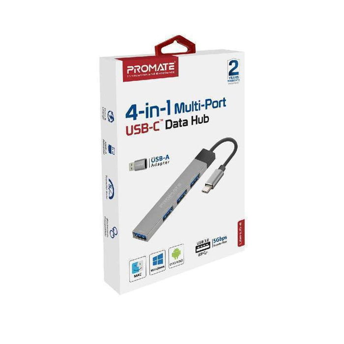 Promate USB-C Hub 4 USB Ports USB-C to USB-A Adapter Included Grey