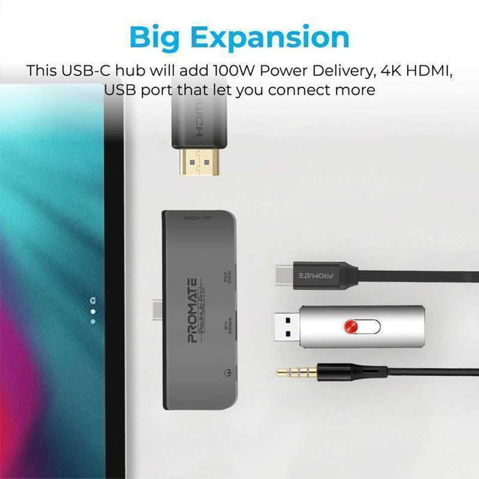 Promate USB-C Media Hub 100W 4K HDMI USB AUX Port Grey