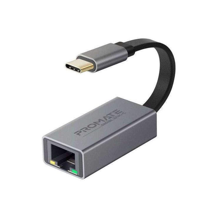Promate Aluminium USB-C to RJ45 Ethernet Adapter up to 1000Mbps Grey