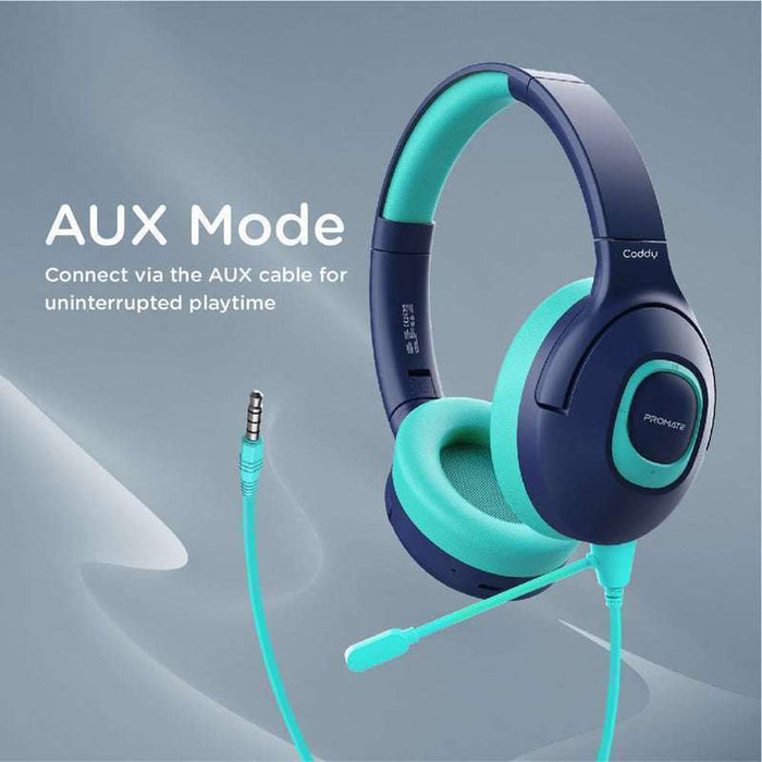 Promate Bluetooth v5.0 Over Ear Headset, Mic, AUX input, Aqua