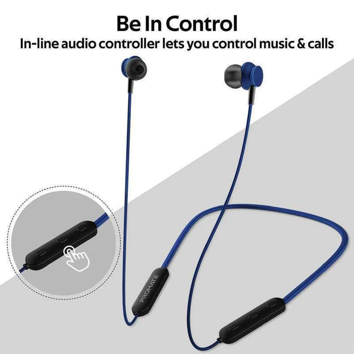 Promate Bluetooth Wireless Neckband Earphones For Music Calls Blue