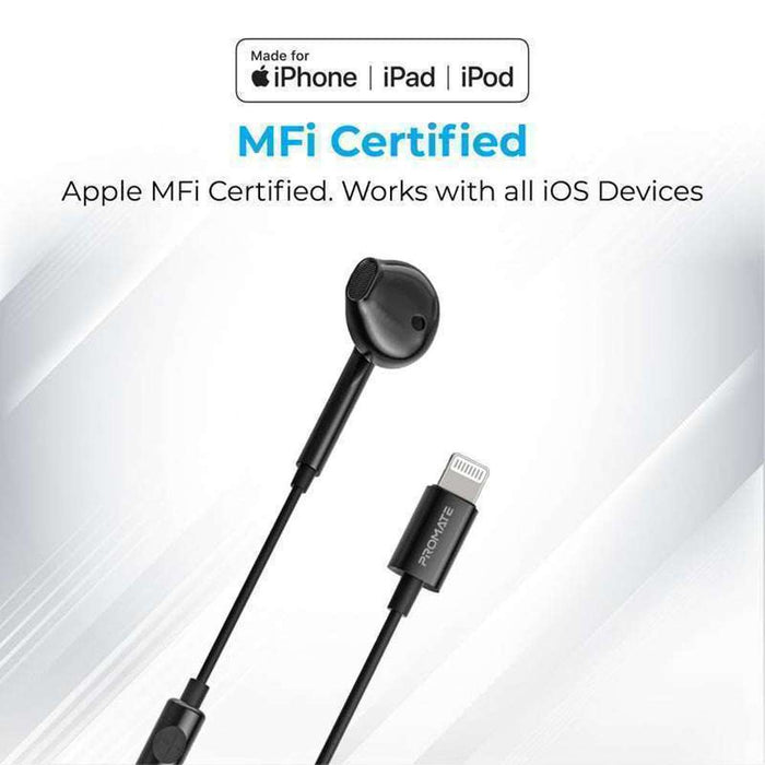 Promate High Definition MFi Certified Mono Wired Earphone, Black
