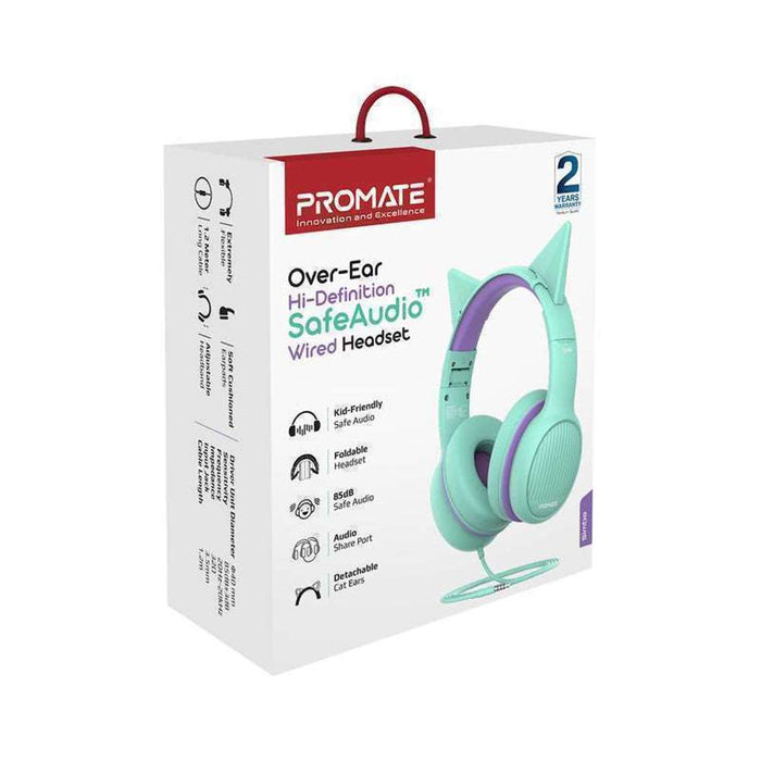 Promate Over-Ear Kid Safe Wired Headset, Emerald