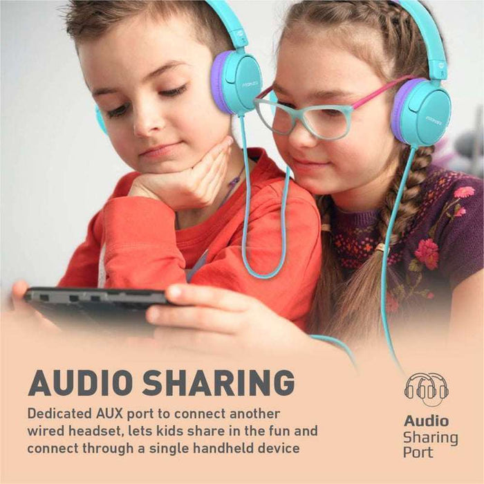 Promate Over Ear Wired Kids Headset Mic Aqua