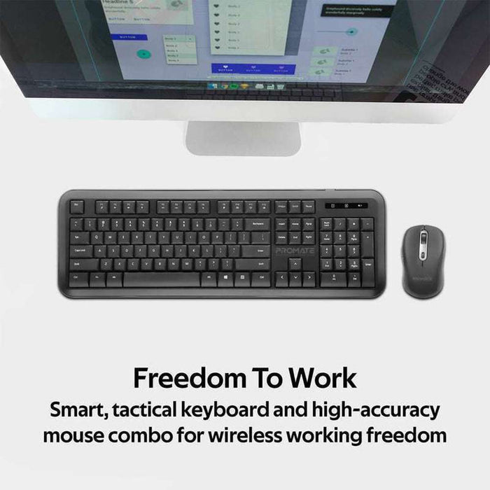 Promate Wireless Keyboard Mouse Combo USB-A/USB-C Dongle Black