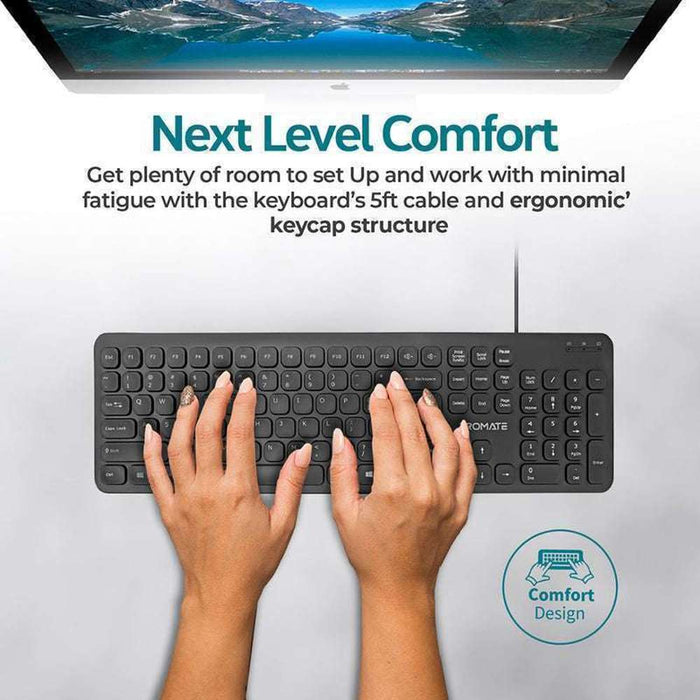 Promate Wired Ultra-Slim Ergonomic Keyboard, English