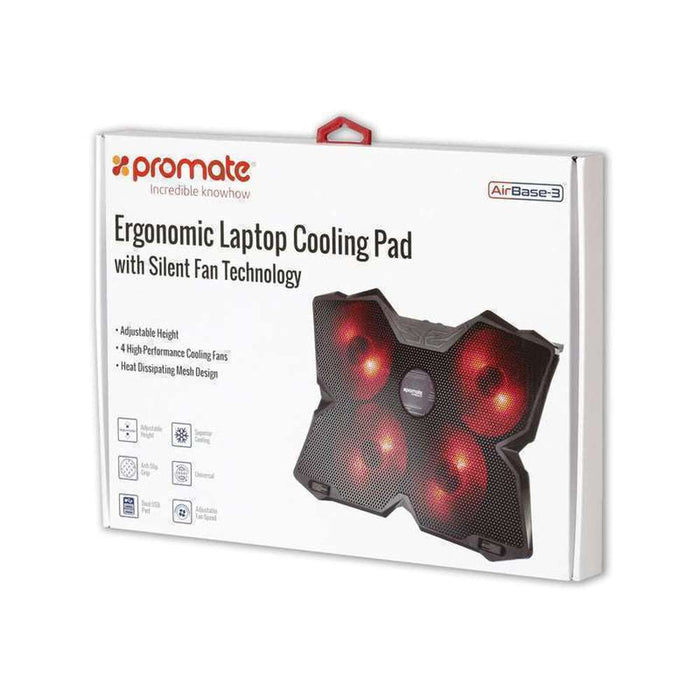 Promate Laptop Cooling Pad Fans Adjustable Stand LED Light Up to 17"