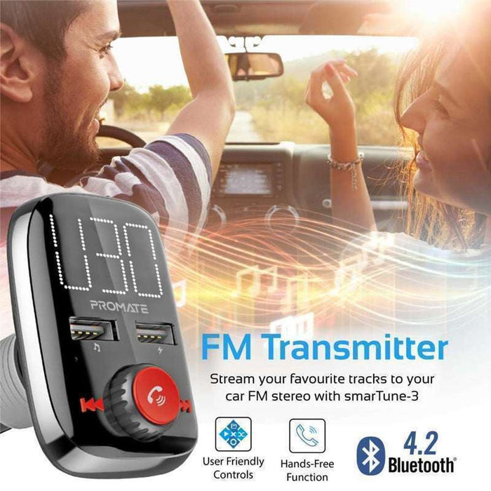Promate FM Transmitter, MicroSD/AUX/USB/BT, Dual USB Ports