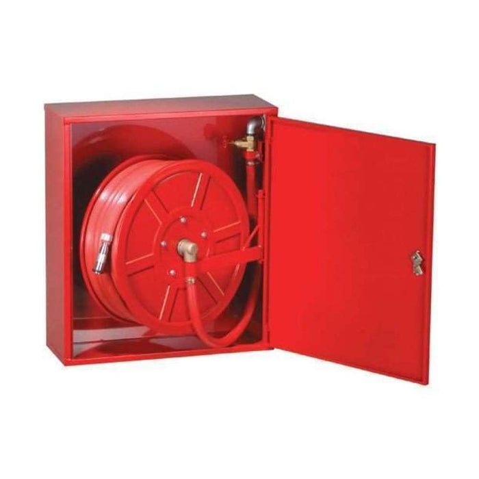 Cabinet for fire hose, GRP, 1x25m fire hose, spanner and nozzle, right side  open
