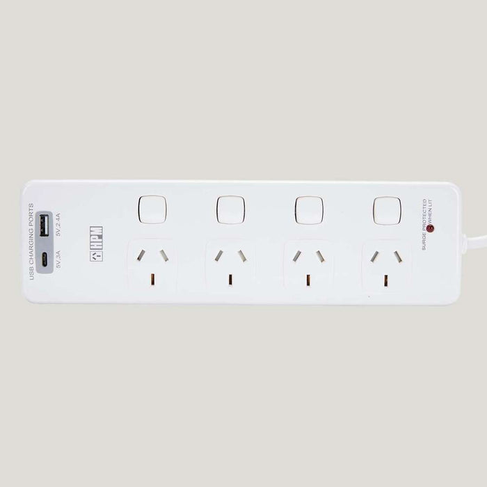 HPM 4-Way Switched Power Board Surge Protection & USB Ports